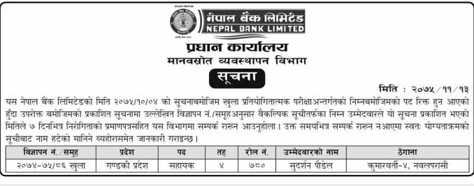 Nepal Bank Limited Selected Alternative Candidate