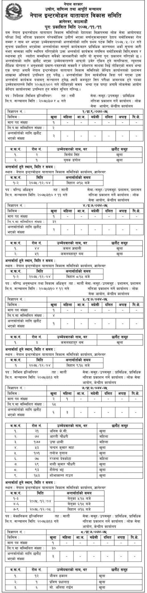 Nepal Intermodal Transport Development Board Invterview Notice