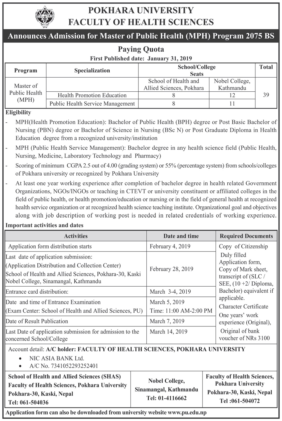 Pokhara University Admission for Master of Public Health MPH