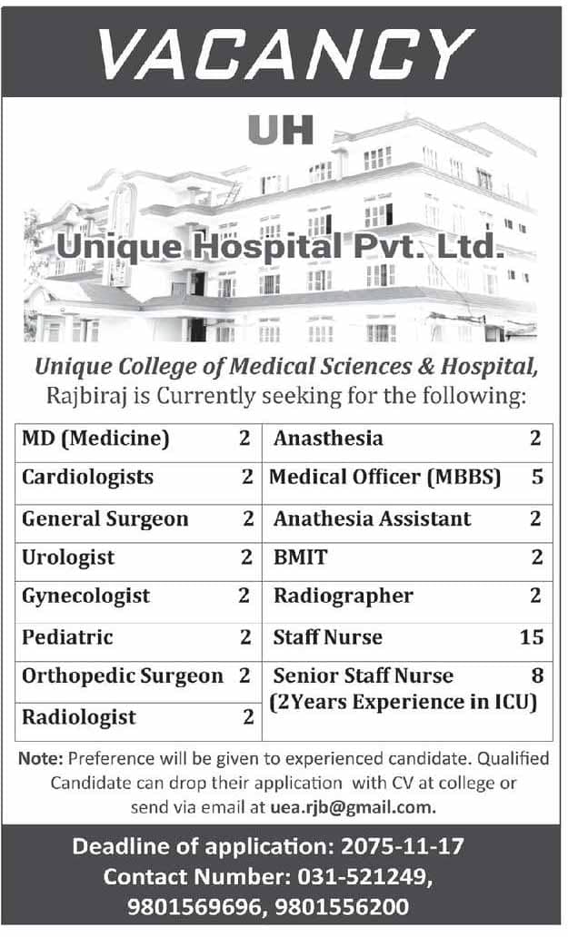 Unique College of Medical Sciences and Hospital Vacancy