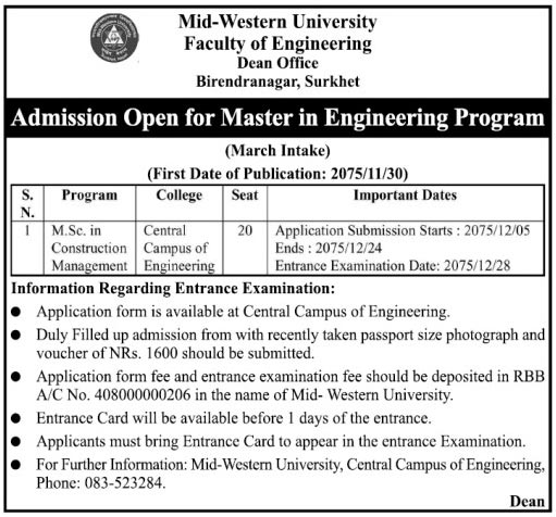 Admission Open at Mid-Western University School of Engineering
