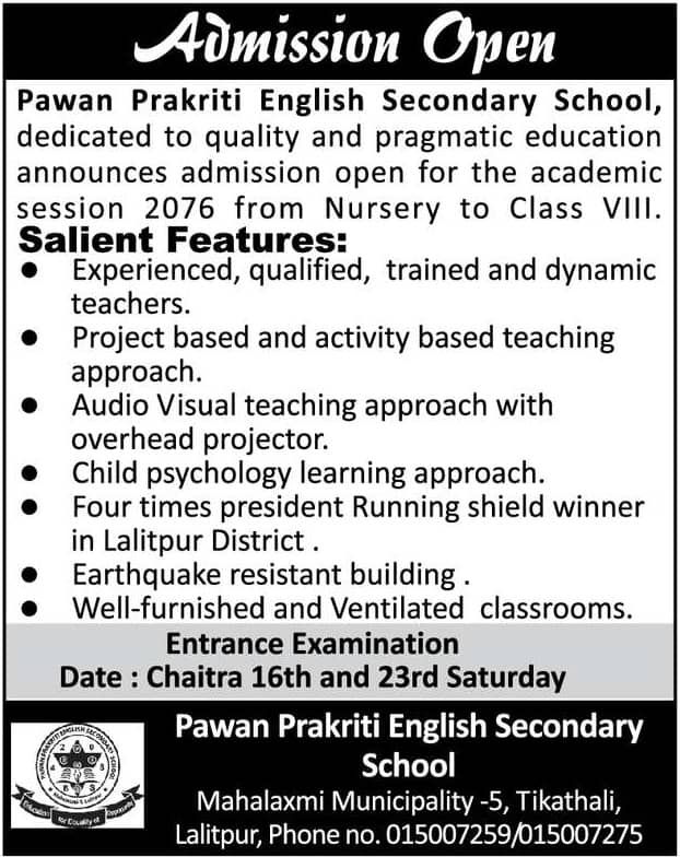 Admission Open at Pawan Prakriti English Secondary School