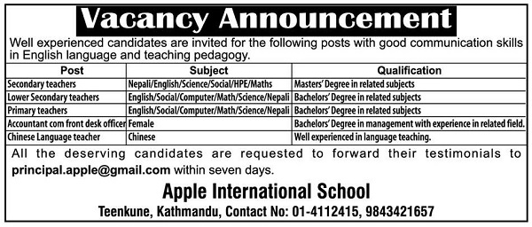 Apple International School Vacancy