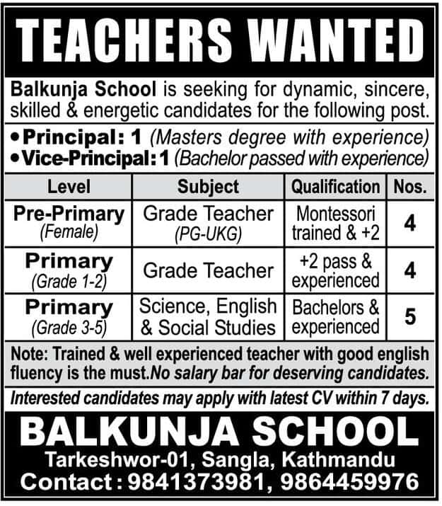 Balkunja School Vacancy for Teachers