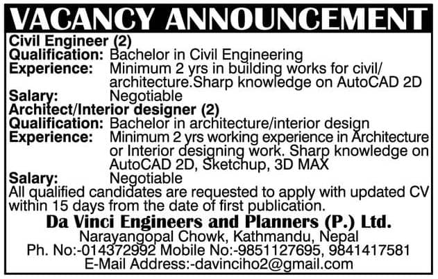 Da Vinci Engineers and Planners Vacancy