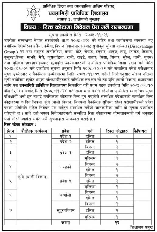 Dhaulagiri Technical School Notice for Admission and Scholarship
