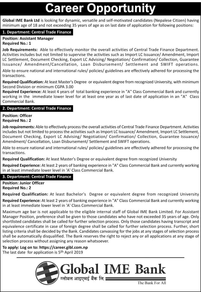 Global IME Bank Vacancy for Various Positions