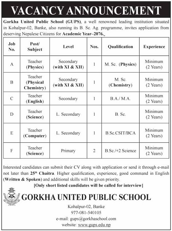 Gorkha United Public School Vacancy for Teachers