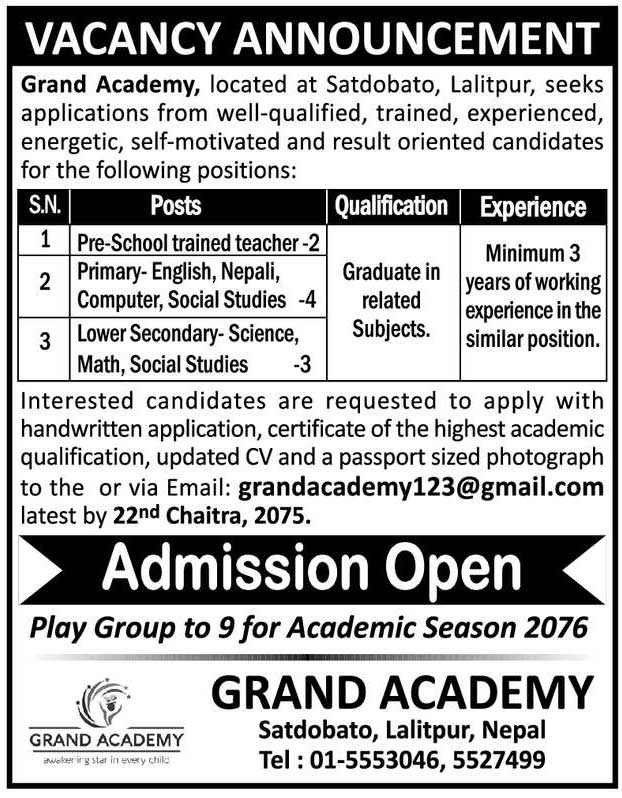 Grand Academy Vacancy for Teachers