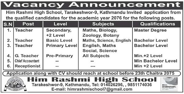 Him Rashmi High School Vacancy