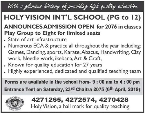 Holy Vision International School Admission Open PG to 12
