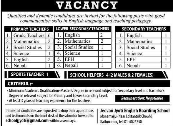 Jeevan Jyoti English Boarding School Vacancy for Teachers