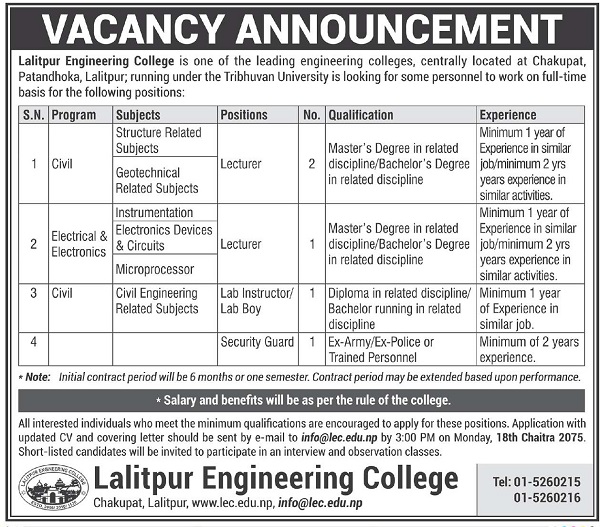 Lalitpur Engineering College Vacancy