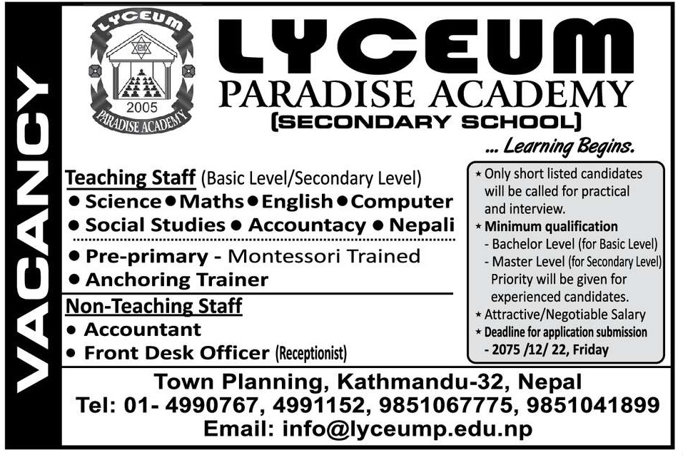 Lyceum Paradise Academy Vacancy