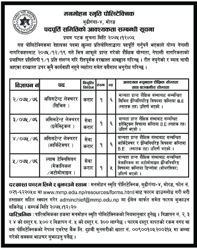 Manmohan Memorial Polytechnic Vacancy