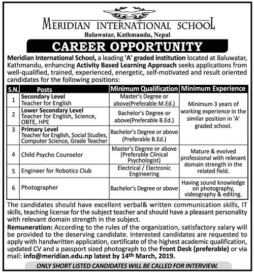 Meridian International School Vacancy