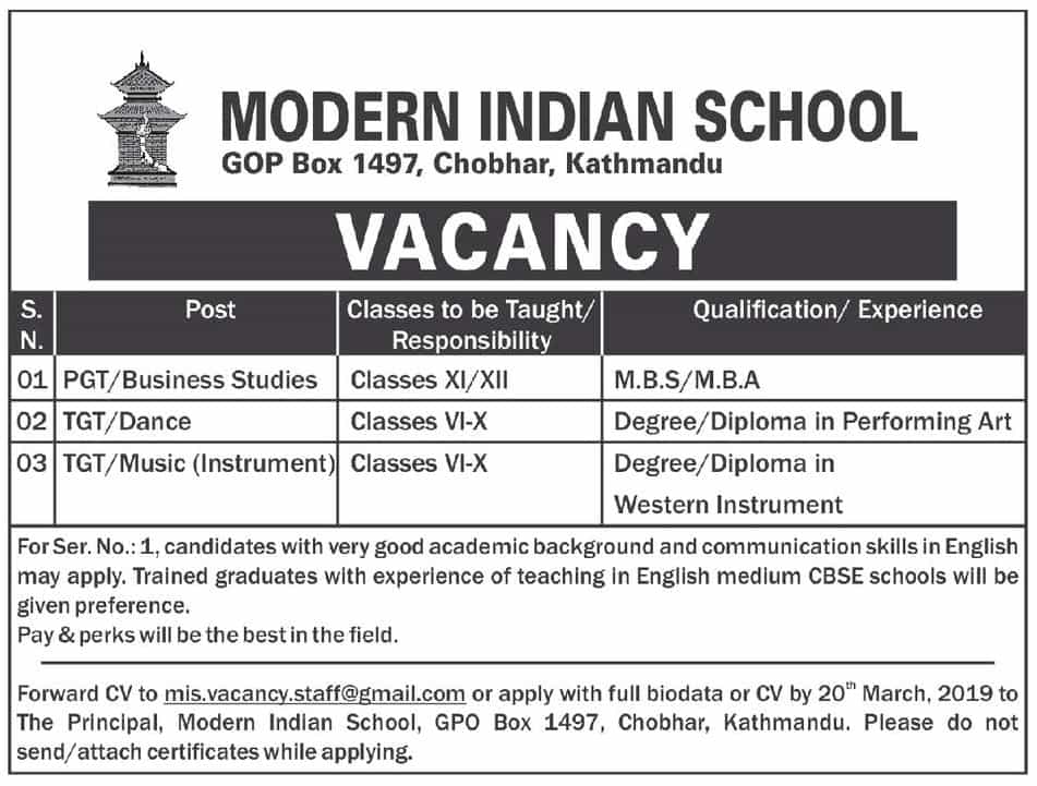 Modern Indian School Vacancy