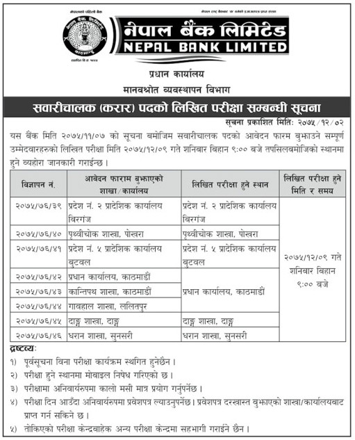 Nepal Bank Limited Exam Center for the Position of Driver