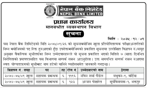 Nepal Bank Limited Notice for the Selection of Alternative Candidates