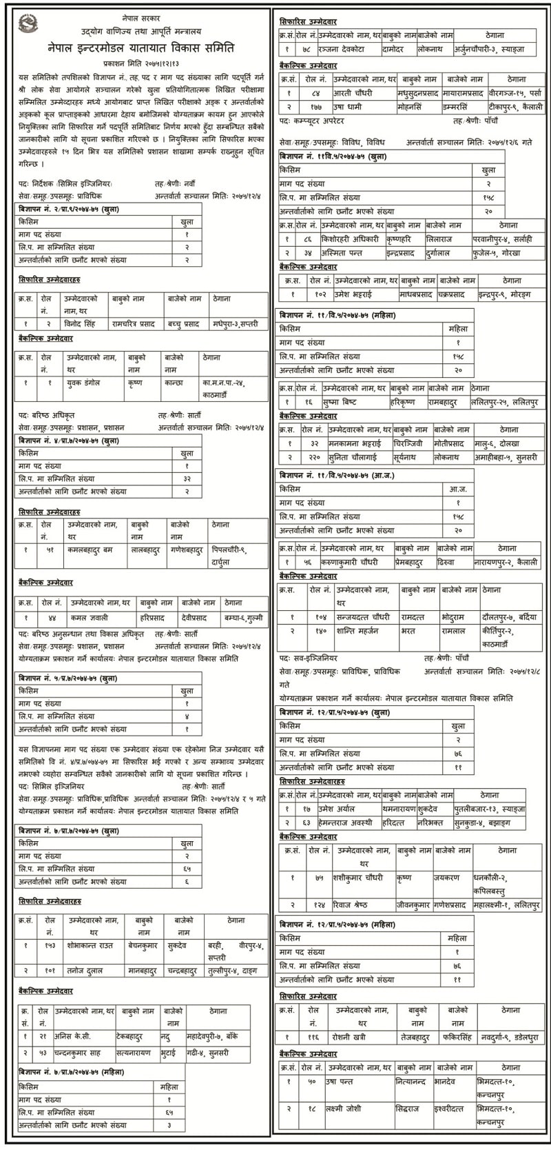 Nepal Intermodal Transport Development Board Vacancy