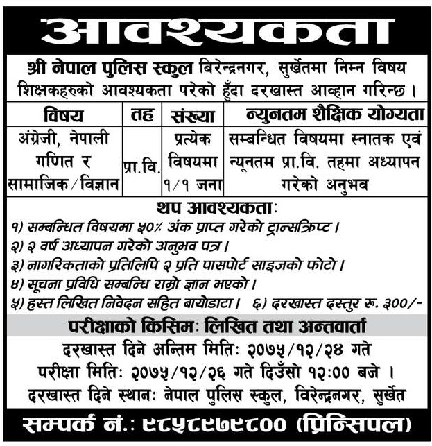 Nepal Police School Surkhet Vacancy