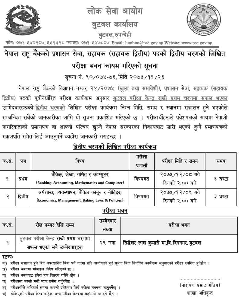 Nepal Rastra Bank Assistant 2nd Phase Exam Center Butwal