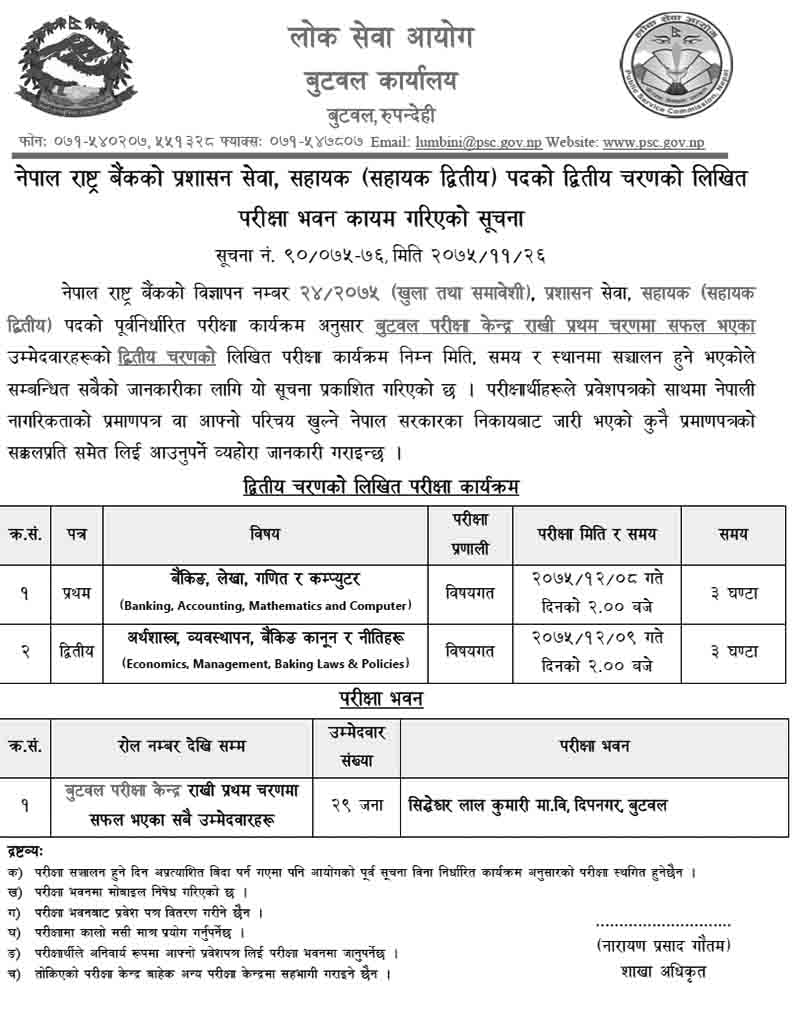 Nepal Rastra Bank Assistant 2nd Phase Exam Center Butwal