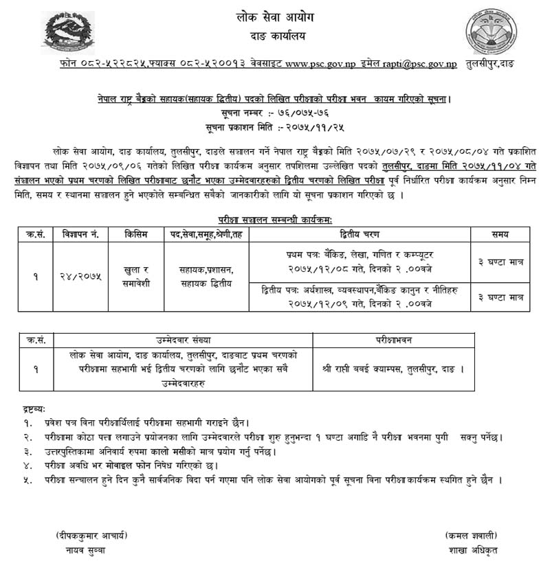 Nepal Rastra Bank Assistant 2nd Phase Exam Center Dang