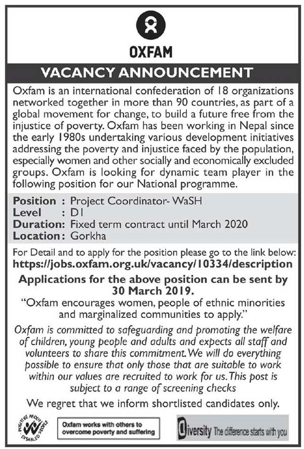 Oxfam Nepal Vacancy for Project Coordinator Oxfam Nepal Vacancy for Project Coordinator