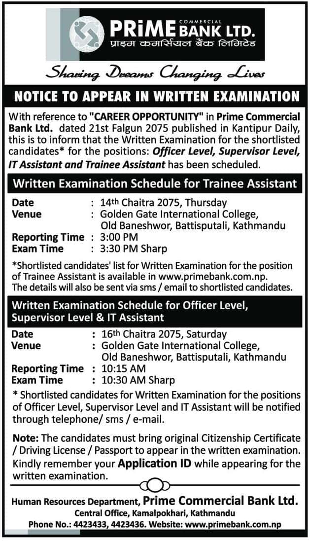 Prime Commercial Bank Notice for Written Examination