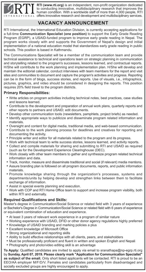 RTI International Nepal Vacancy