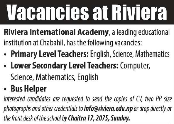 Riviera International Academy Vacancy