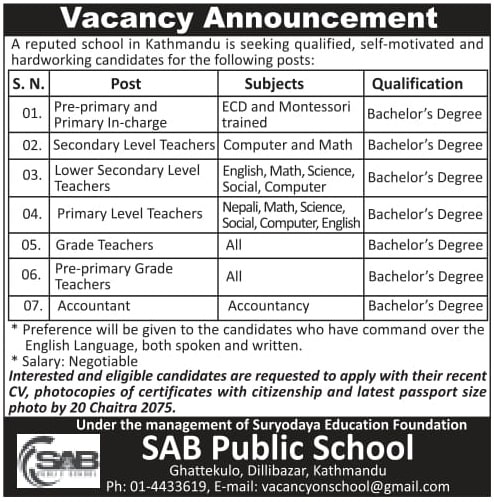 SAB Public School Vacancy