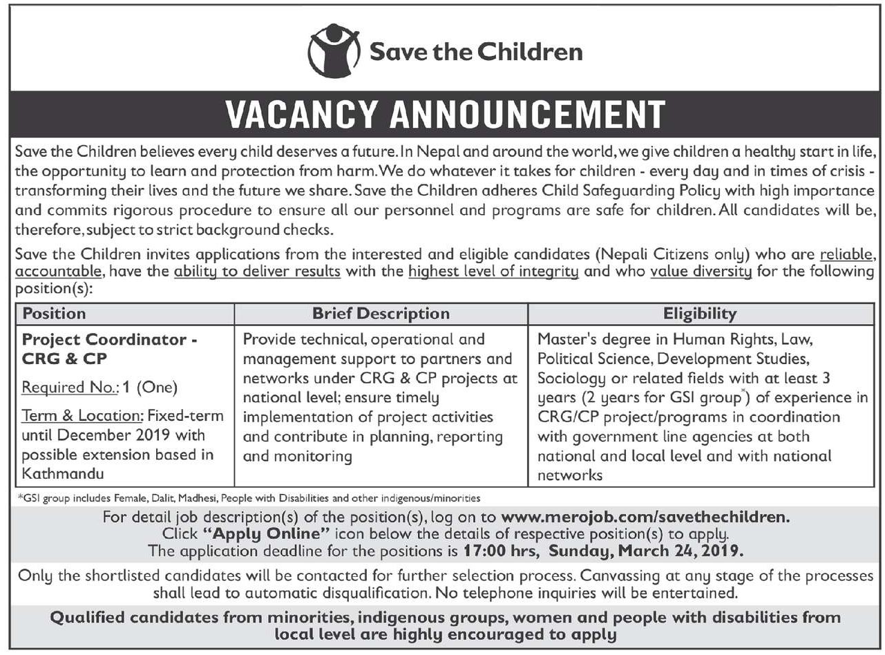 Save the Children Vacancy for Project Coordinator