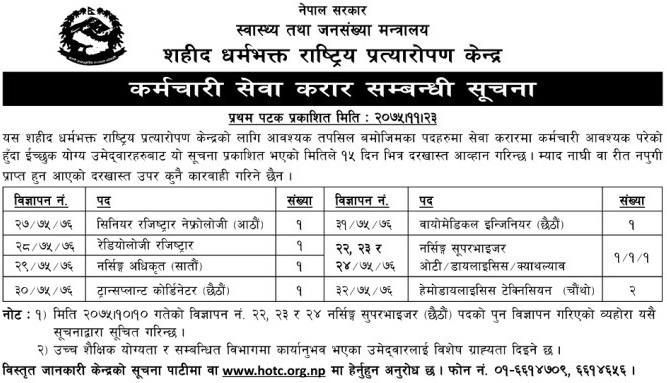 Shahid Dharma Bhakta National Transplant Center Vacancy