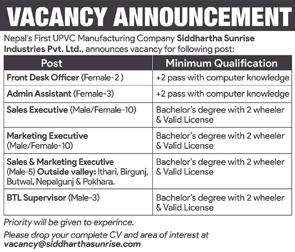 Siddhartha Sunrise Industries Vacancy