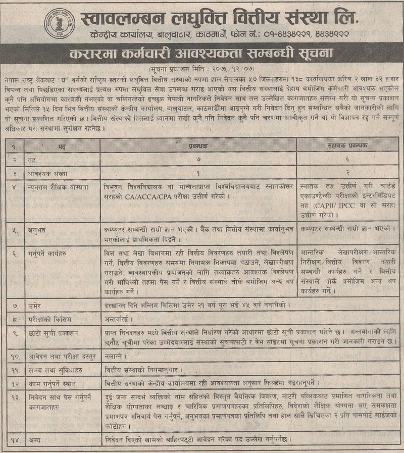 Swabalamban Laghubitta Bittiya Sanstha Vacancy