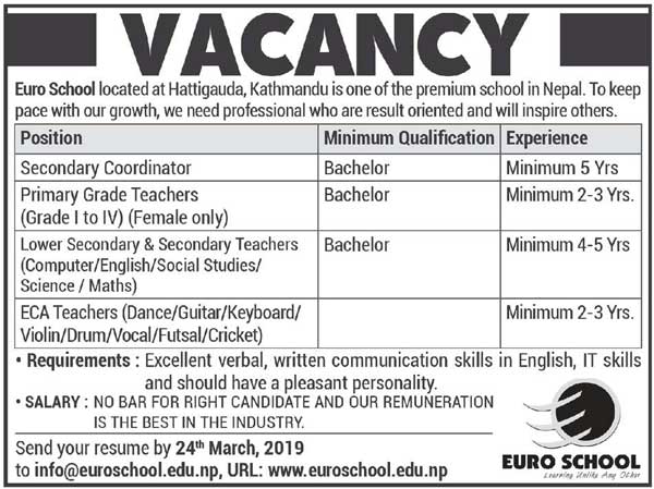 Teachers Vacancy at Euro School