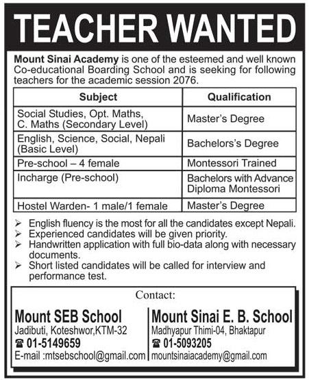 Teachers Vacancy at Mount Sinai Academy | Collegenp