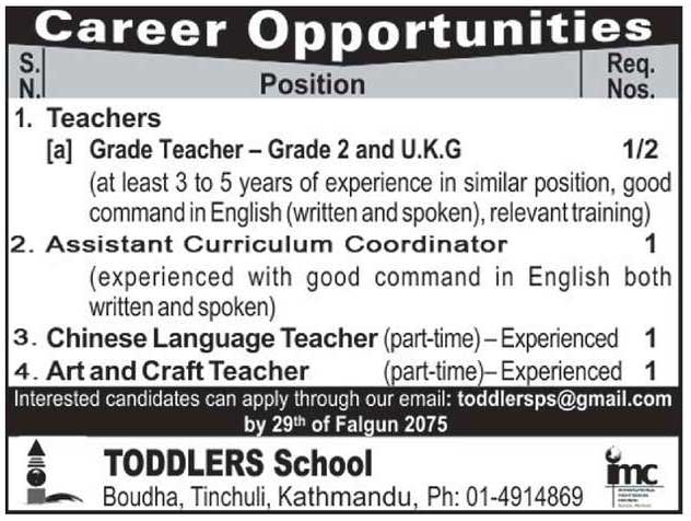 Toddlers School Teachers Vacancy