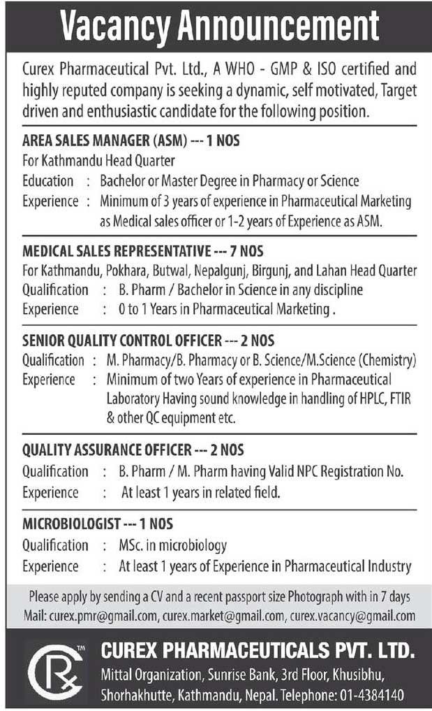 Vacancy Announcement from Curex Pharmaceutical