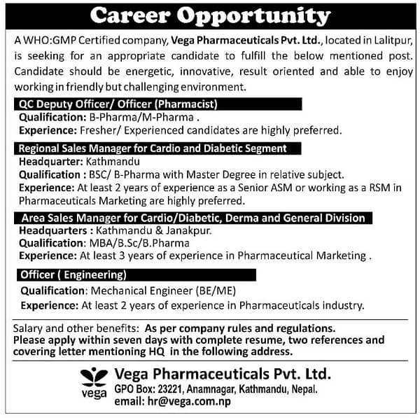 Vega Pharmaceuticals Vacancy