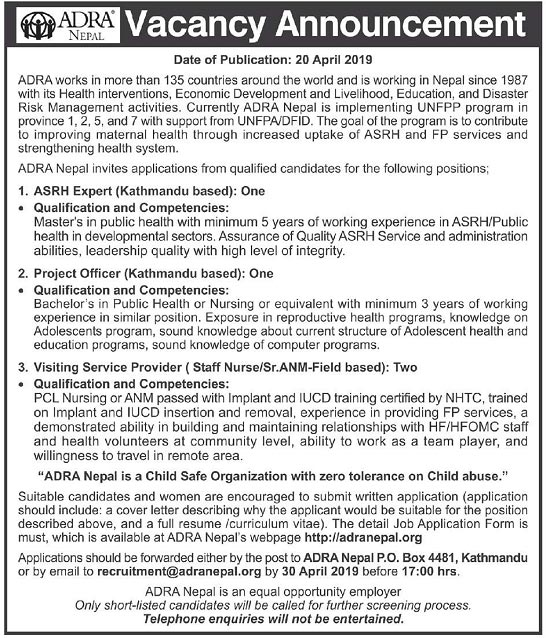ADRA Nepal Vacancy for various Position