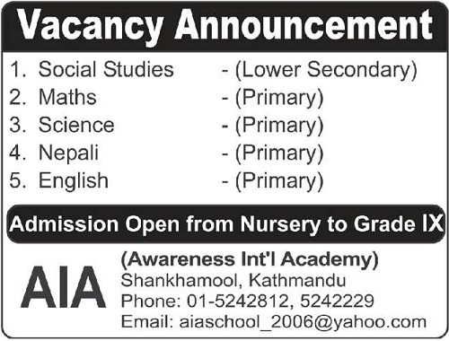 Awareness International Academy Vacancy for Teachers