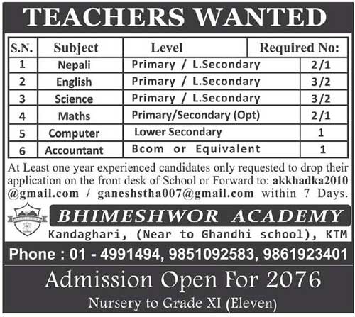 Bhimeshwor Academy Vacancy for Teachers