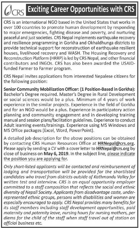 CRS Nepal Vacancy for Senior Community Mobilization Officer