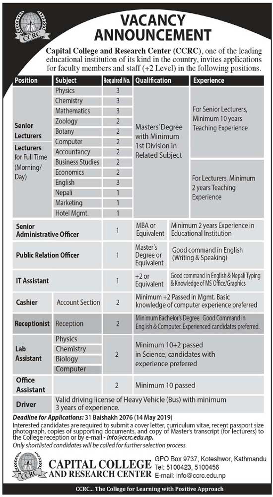 Capital College and Research Center Vacancy