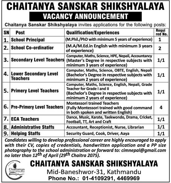 Chaitanya Sanskar Shikshyalaya Vacancy