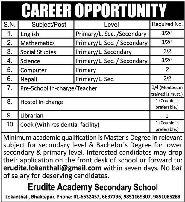 Erudite Academy Secondary School Vacancy