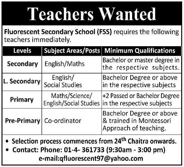 Fluorescent Secondary School Vacancy for Teachers